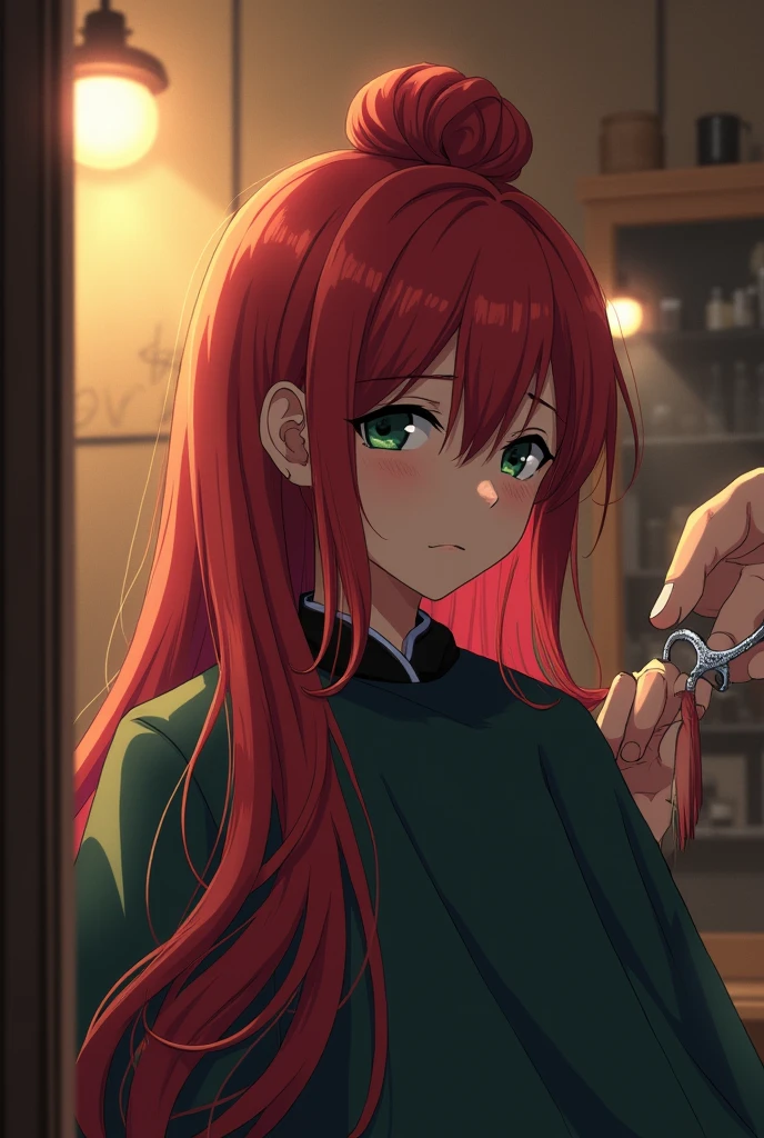Kushina uzumaki come at barber shop with bun hair ,1 st girl, kushina uzumaki , age 18 year old , barber shop interior, beautiful detailed hair in bun, kushina uzumaki looking at mirror, barber opening kushina uzumaki's bun hair, barber comdin kushina's long red hair and barber take a scissor in her hand, kushina in sad face , barber take her half in her left hand and take a beautiful shine scissor in her right hand , cut her hair in shoulder length, half cuted hair fall in floor, kushina keep her cuted hair in her hand