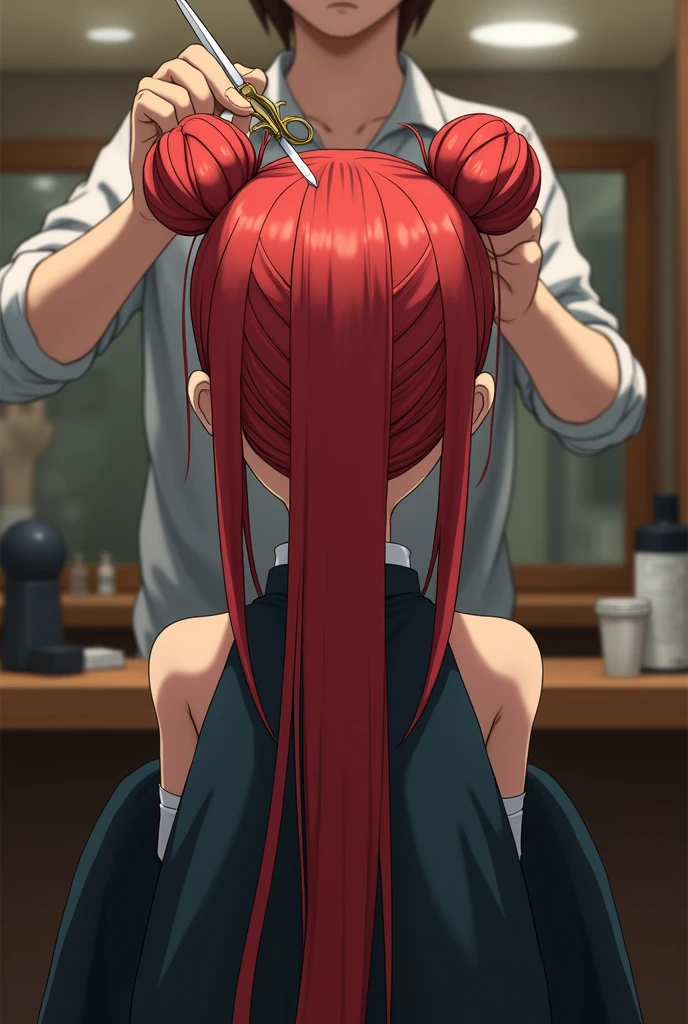 Kushina uzumaki come at barber shop with bun hair ,1 st girl, kushina uzumaki , age 18 year old , barber shop interior, beautiful detailed hair in bun, kushina uzumaki looking at mirror, barber opening kushina uzumaki's bun hair, barber comdin kushina's long red hair and barber take a scissor in her hand, kushina in sad face , barber take her half in her left hand and take a beautiful shine scissor in her right hand , cut her hair in shoulder length, half cuted hair fall in floor, kushina keep her cuted hair in her hand