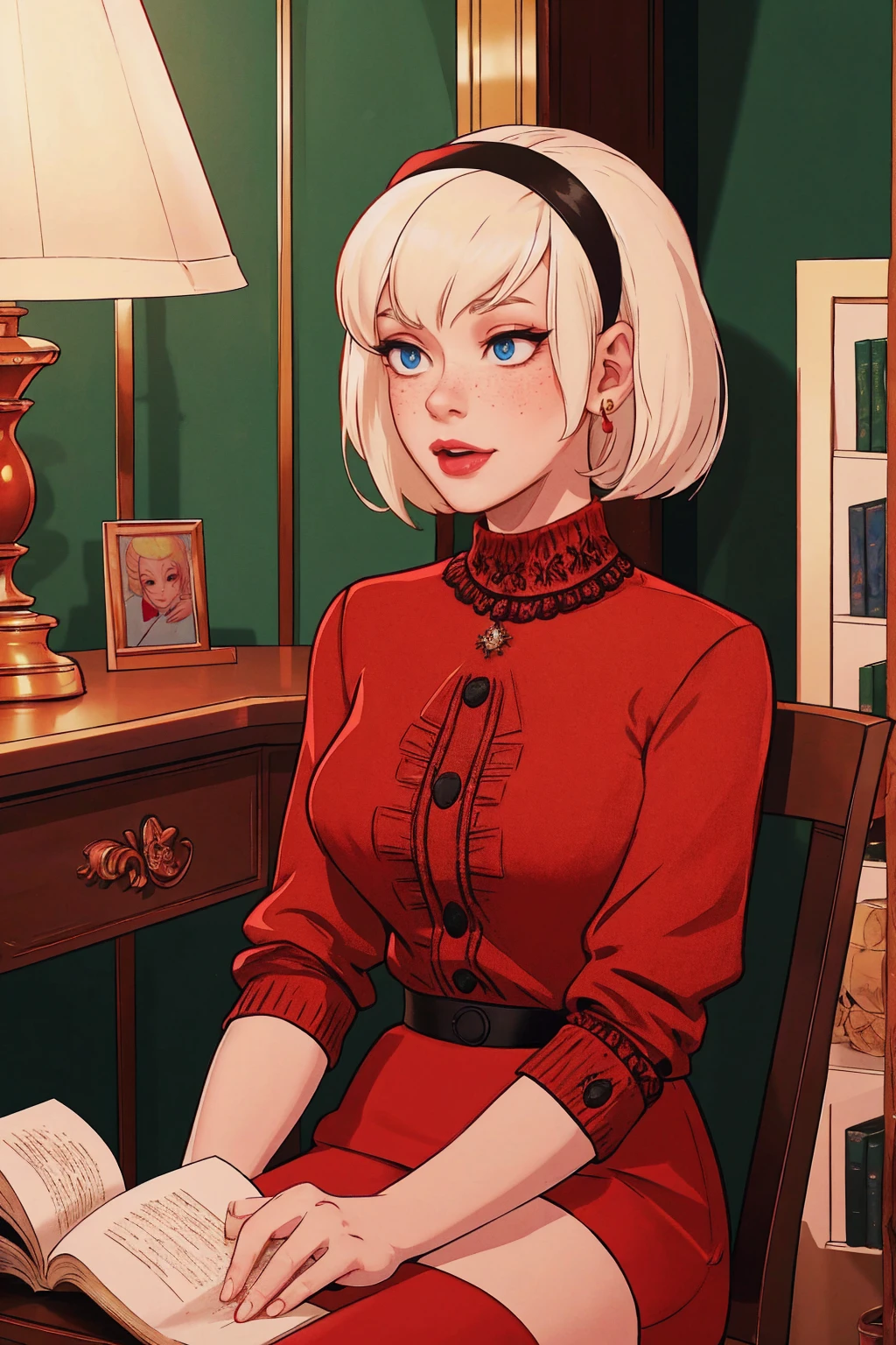 { masterpiece : best quality : high resolution : unity 8k wallpaper : illustration : beautiful detailed eyes : extremely detailed face : perfect lighting : extremely detailed CG } { in a dark creepy library } { Sabrina Spellman : : platinum blonde short hair with red hairband : perfectly small shape breast : freckles : perfectly fit body :red turtleneck shirt : red skirt : studying : sitting at a study table }, looking at viwer