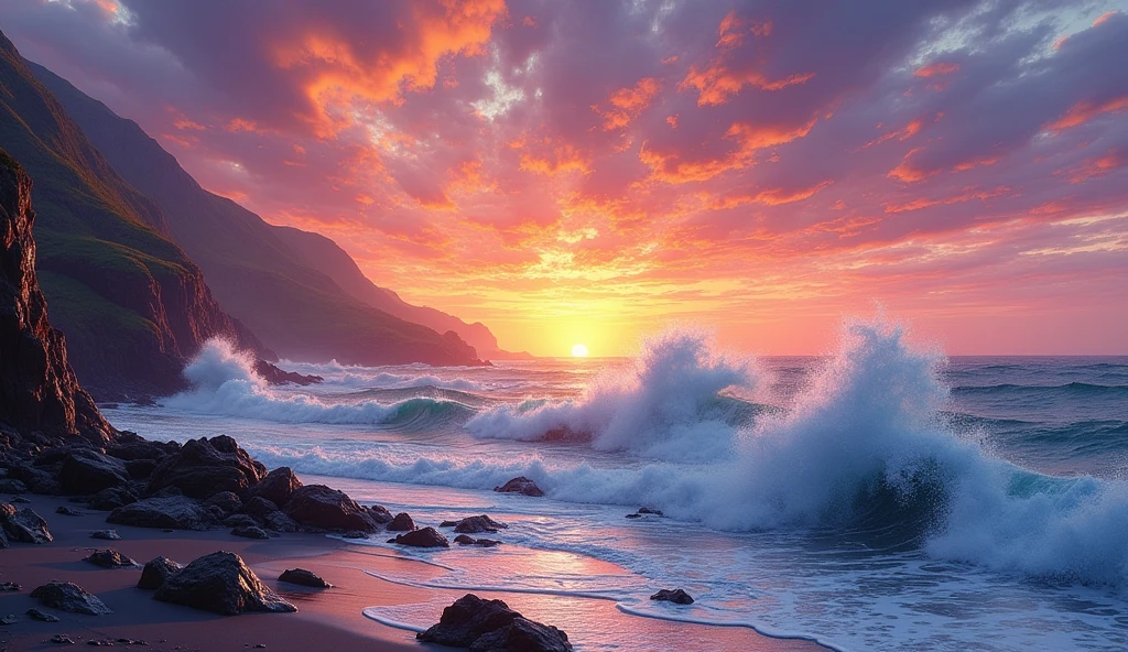 A highly detailed, surreal painting of a sunset seaside scene, waves crashing against the rocks, vibrant colors, sharp lines, magical background with many wavy, realistic light streaks, 8K resolution, masterpiece