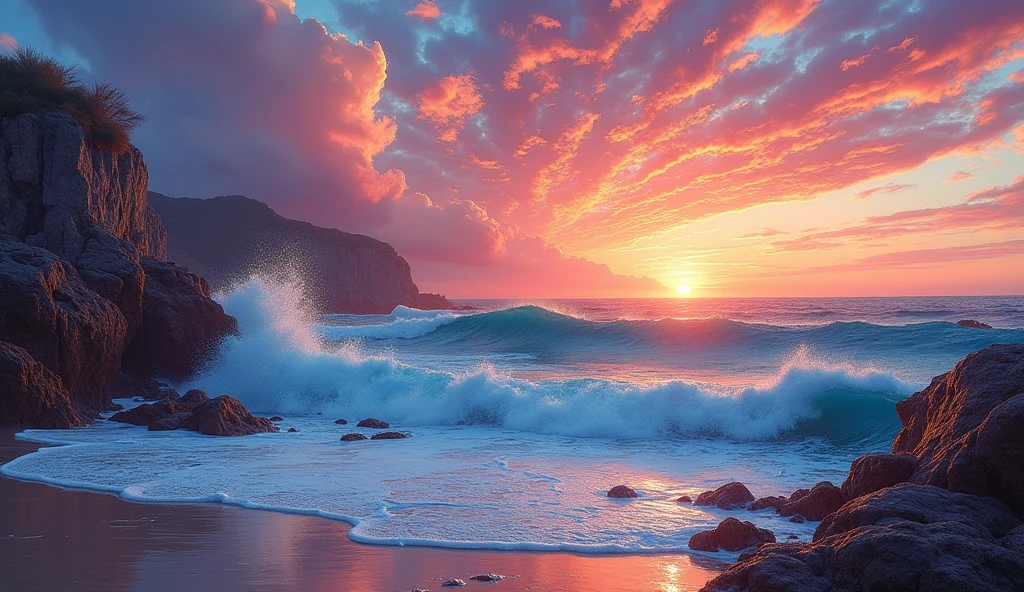 A highly detailed, surreal painting of a sunset seaside scene, waves crashing against the rocks, vibrant colors, sharp lines, magical background with many wavy, realistic light streaks, 8K resolution, masterpiece