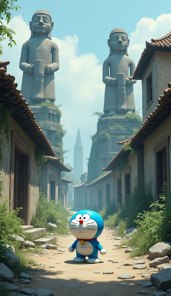 Doraemon stands in the middle of an abandoned ancient village., with ruined houses and giant stone statues eroded by time. The surrounding space is deserted and gloomy., creating the feeling of a lost civilization.