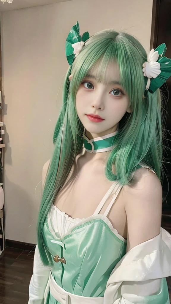 a woman with green hair and a white shirt posing for a picture, anime girl in real life, attractive anime girl, korean girl, anime girl cosplay, chinese girl, wearing choker, choker around neck, anime thai girl, beautiful asian girl, cai xukun, belle delphine, pretty anime girl, ulzzang, young and cute girl, beautiful anime girl