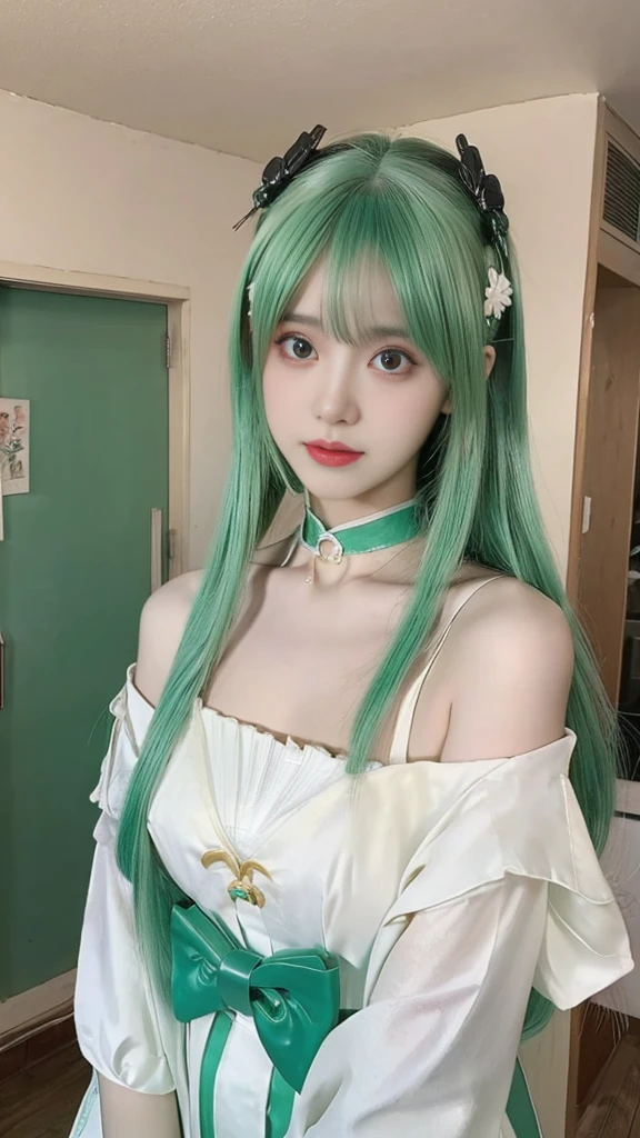 a woman with green hair and a white shirt posing for a picture, anime girl in real life, attractive anime girl, korean girl, anime girl cosplay, chinese girl, wearing choker, choker around neck, anime thai girl, beautiful asian girl, cai xukun, belle delphine, pretty anime girl, ulzzang, young and cute girl, beautiful anime girl