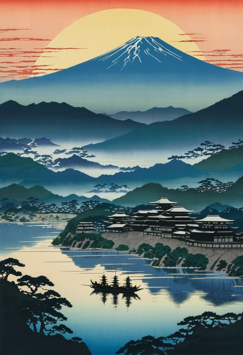 This artwork captures the serene beauty of Japan's Sengoku era, where the silhouettes of mountains and ancient castles are bathed in the light of the rising sun. The scene evokes the grandeur of a bygone era, bringing the timeless elegance of old Japan to life. As a new day begins, witness the breathtaking beauty that transcends time.