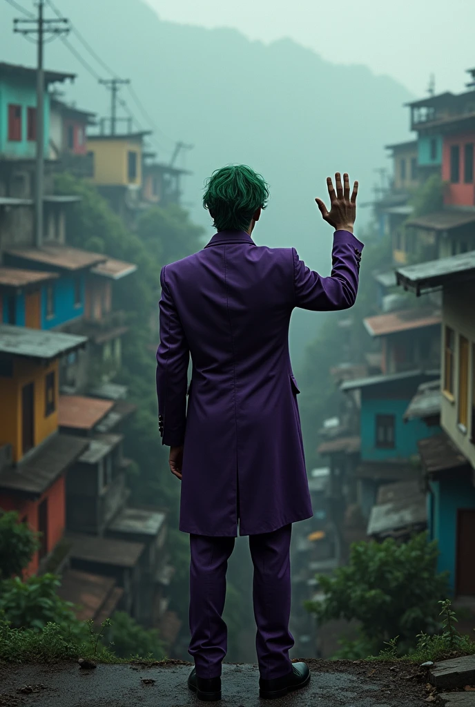 Joker with his back turned looking at the favela with his hand with three fingers 