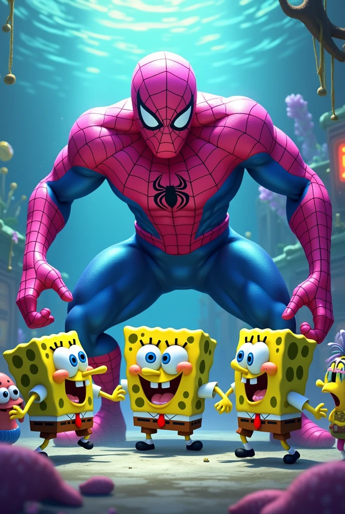 5 Bob l'éponge qui se battent contre Spider-Man rose