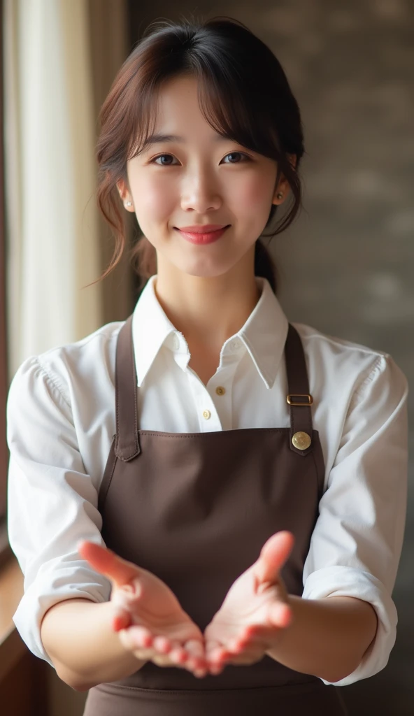 best quality、portrait、reality、Real picture、He holds both palms out in front of him...、Japanese、1、(Hostess)、brown hair、(slim:1.2)、