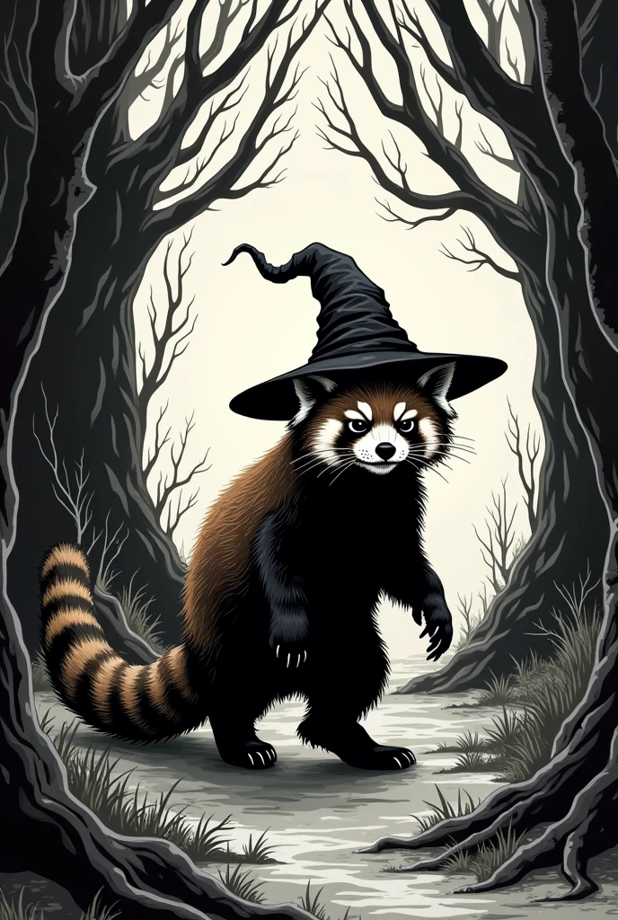 A black and white illustration in the Gothic style of a red panda wearing a wizard's hat, with a long tail, with elements of horror and fantasy walking in the forest sideways
