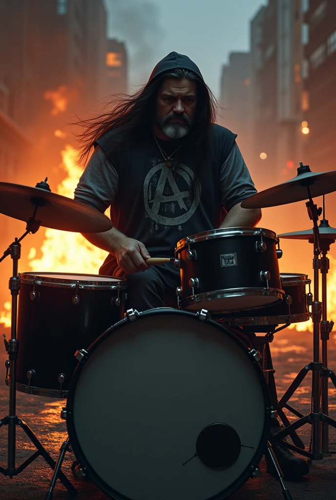 Half fat drummer, longye hair, small white goatee, hooded dress, blouse with anarchy symbol print, playing on his complete black two-tone drum kit, in the street of the war-torn city and in flames at night,  bodies of dead soldiers lying on the ground, smoke 