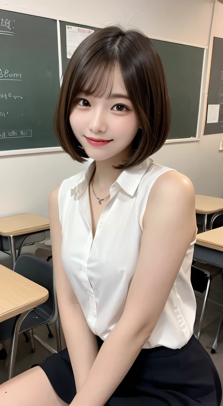 Tabletop, Highest quality, figure, Very detailed, In detail, High resolution, 8k wallpaper, Perfect dynamic composition, Beautiful attention to detail, ((bob cut)),(medium hair)、Small breasts, Randomly sexy poses,smile、20-year-old girl、cute、sexy shot looking at camera,Perfect and beautiful face、Sleeveless shirt、Collared shirt、24-years-old、female teacher、mermaid skirt、smile、Simple Necklace、staff room、School、
