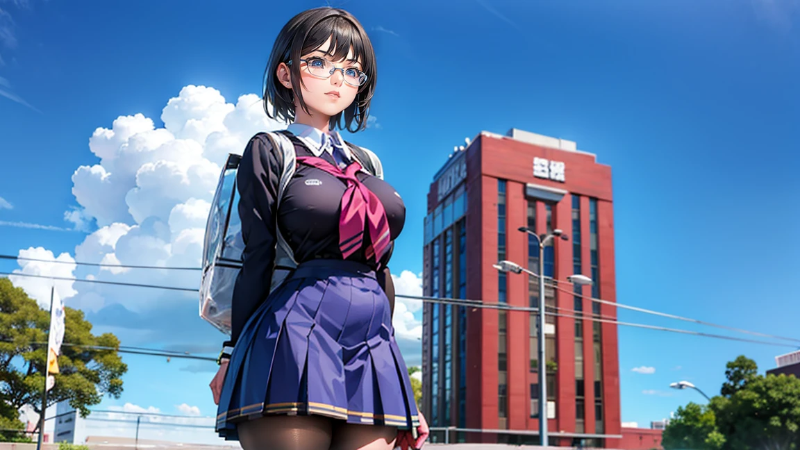 Giant art, Surreal school girl, 非常に詳細なGiantショット, Giant, short hair, A giant schoolgirl&#39;Much larger than a skyscraper, Wear rimless glasses, Big Breasts, Big Ass, Navy Blue Blazer, Red tie, Mini skirt, Black Pantyhose, I don&#39;t wear shoes., Miniature metropolis, Being attacked by a very small fighter jet, GTS, giga Giant, Giant, Fighter crash, Small fighter aircraft, Micro Fighter,
