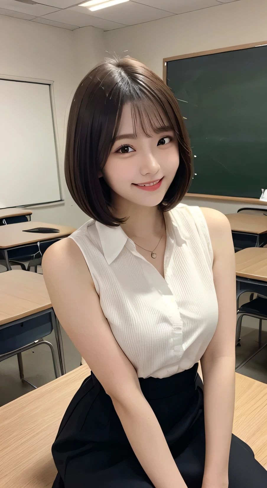 Tabletop, Highest quality, figure, Very detailed, In detail, High resolution, 8k wallpaper, Perfect dynamic composition, Beautiful attention to detail, ((bob cut)),(medium hair)、Small breasts, Randomly sexy poses,smile、20-year-old girl、cute、sexy shot looking at camera,Perfect and beautiful face、Sleeveless shirt、Collared shirt、24-years-old、female teacher、mermaid skirt、smile、Simple Necklace、staff room、School、