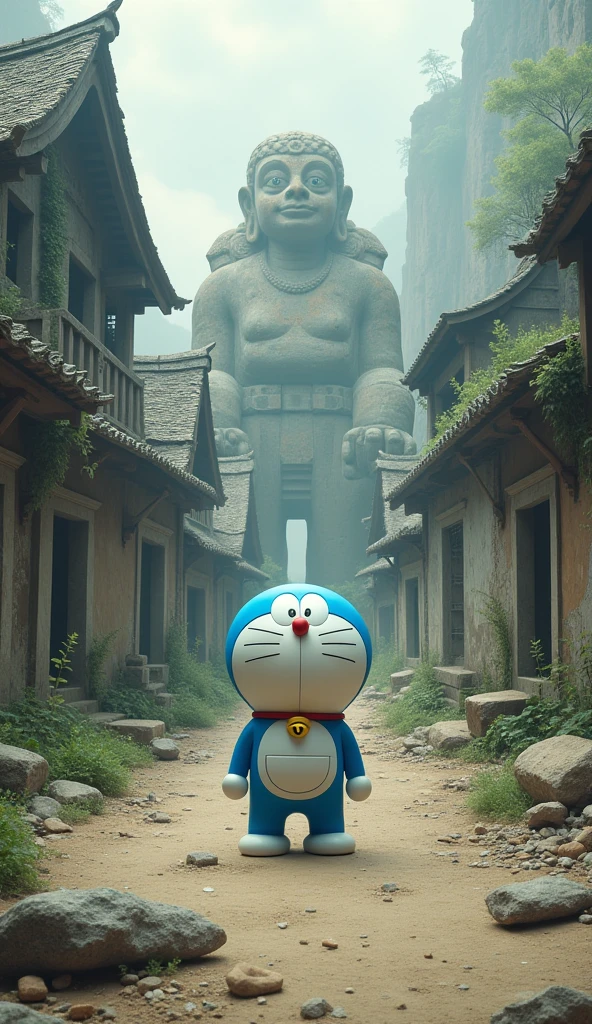 Doraemon stands in the middle of an abandoned ancient village., with ruined houses and giant stone statues eroded by time. The surrounding space is deserted and gloomy., creating the feeling of a lost civilization.