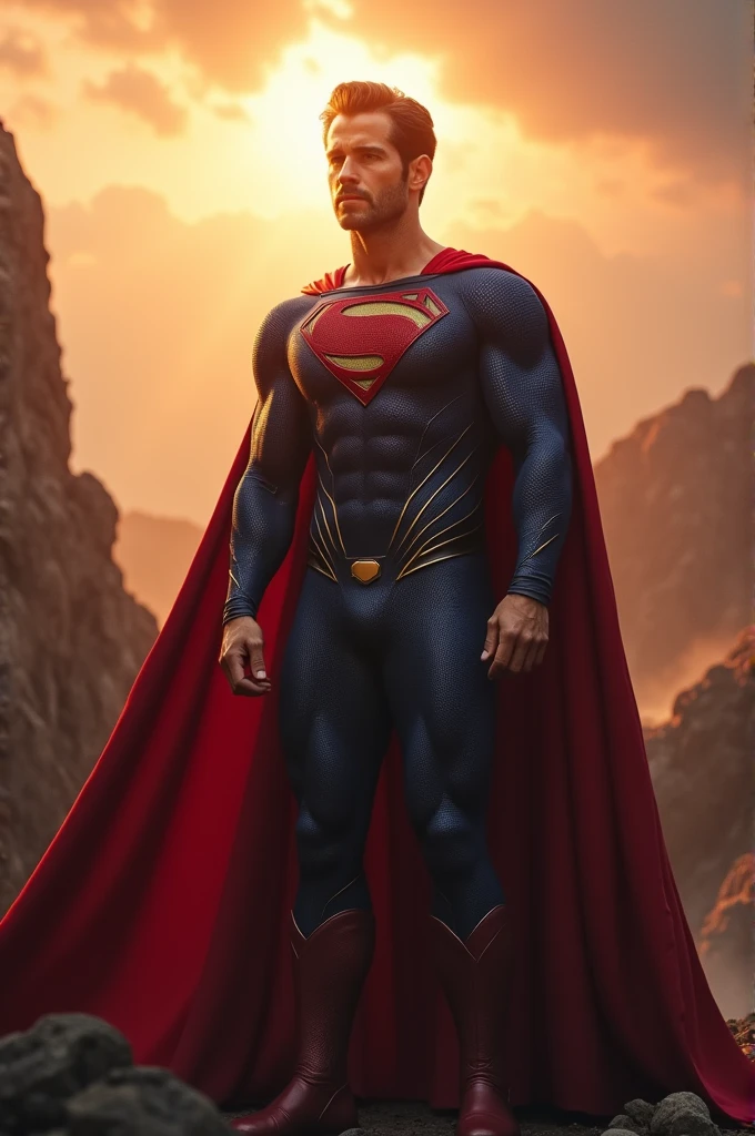 ryan reynolds is superman, superman cape, stunning scenery, surreal lighting, extremely extravagant lighting, beautiful scenery, afternoon, natural, sunset, sun shining hidden