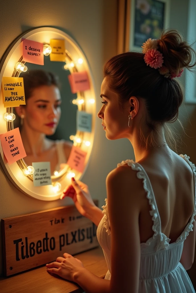 A captivating vintage-inspired photograph with distressed edges, featuring a strikingly beautiful, young woman gazing into an ovalmirror. The mirror is adorned with four sticky notes displaying positive affirmations in bold text, such as 'I AM AWESOME', 'I AM LOVEABLE', 'I DESERVE RESPECT', and 'I CAN DO HARD THINGS'. Fairy lights encircle the mirror, casting a warm glow over the scene. A wooden sign at the bottom of the image reads, "Talk to yourself like someone you love." The woman sports a messy bun hairstyle adorned with flowers, and wears a verdant dress. The room exudes a cozy ambiance, and the overall mood of the image is uplifting and empowering., typography, photo