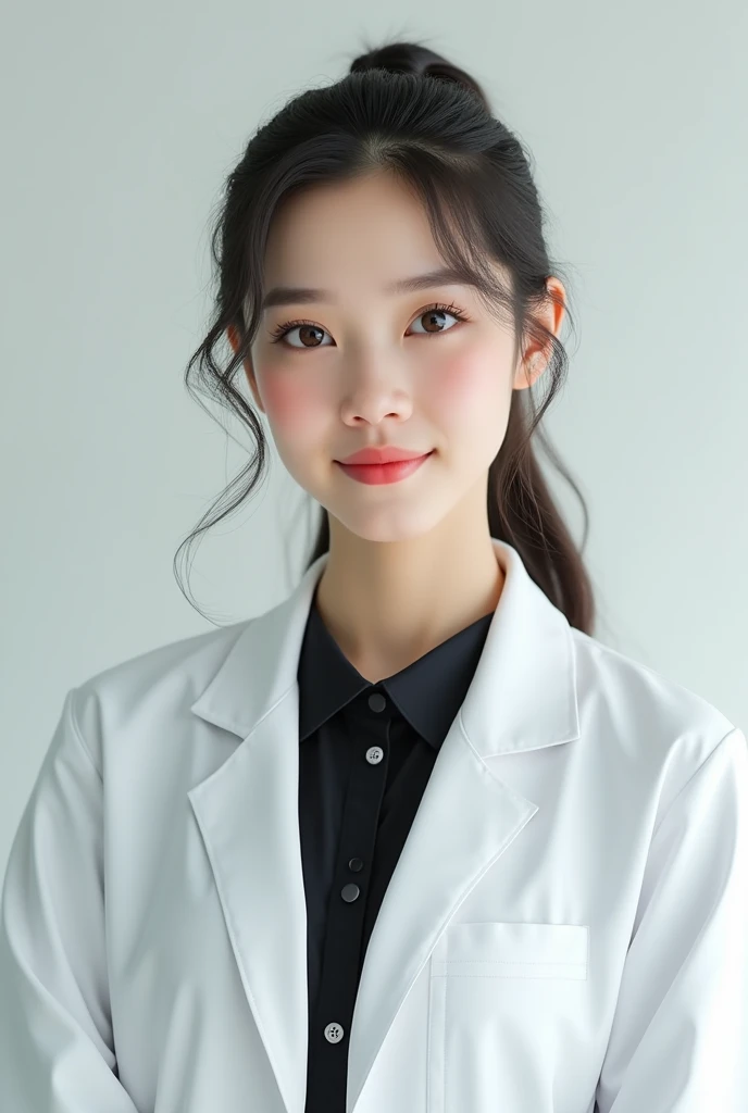 (photorealism:1.2) girl wearing white doctor blazer with black inner buttoned shirt, hair back ponytail, passport photo with face and body facing forward, half body photo