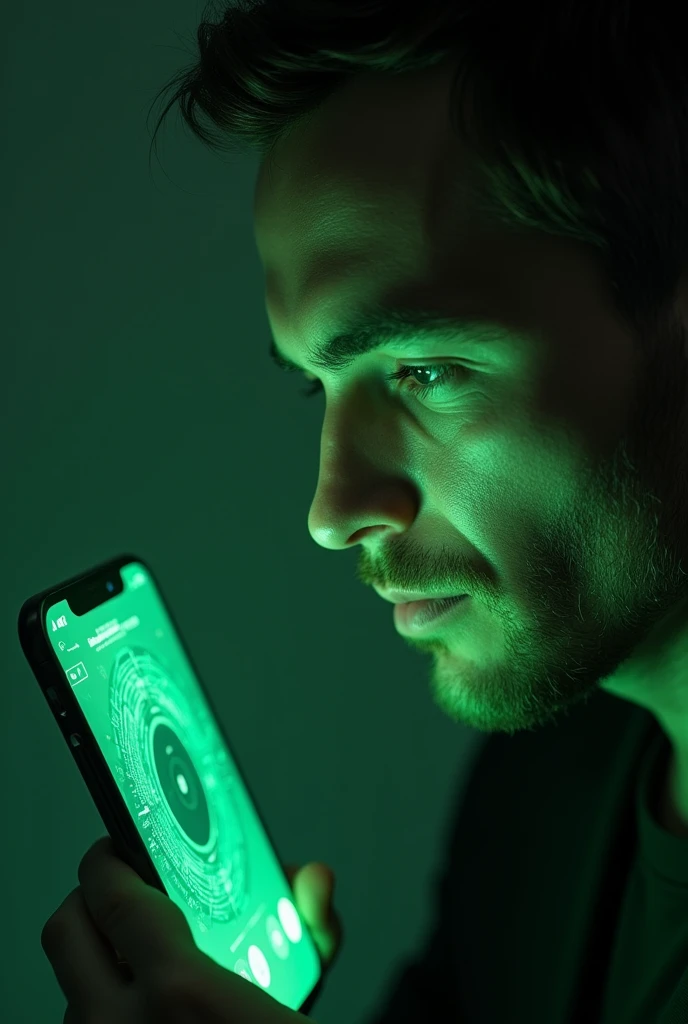 (photorealism: 9:16), An app scanning a man&#39;s face, The cell phone gives off a green light