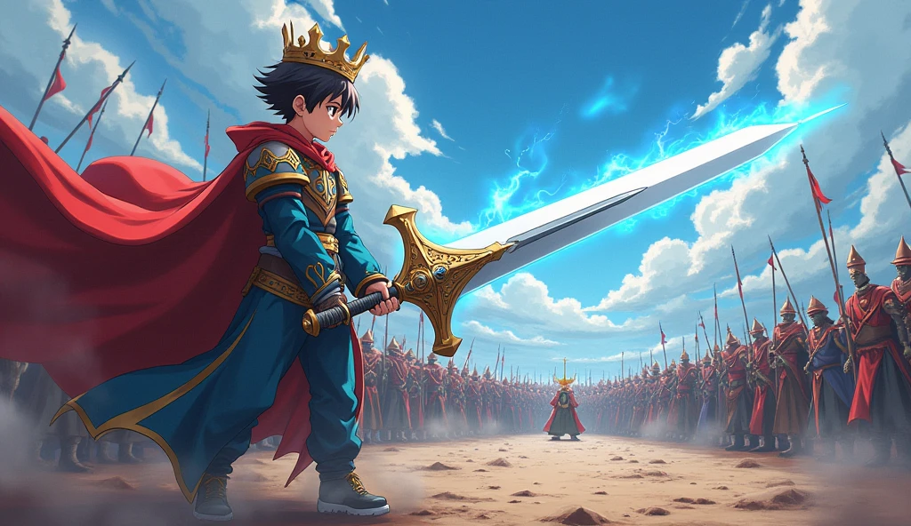 10 year old anime King, big magic sword in hand, stand left side,100 people in battle stand right side
