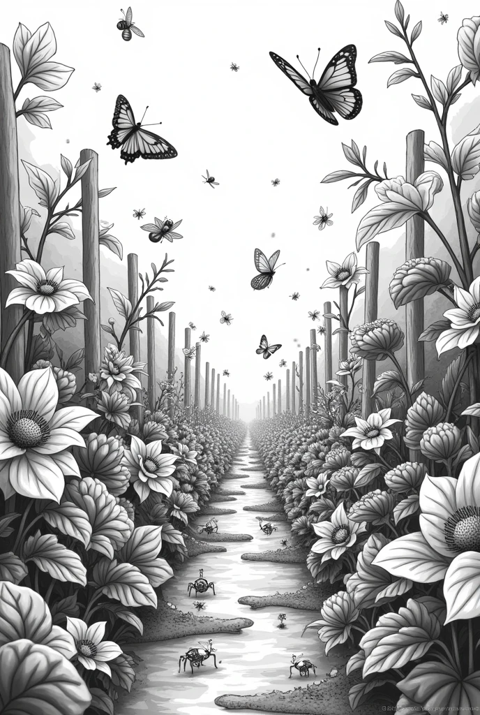 Make a vegetable garden with some well-hidden insects like bees , ladybugs , worms and butterflies to print in black and white