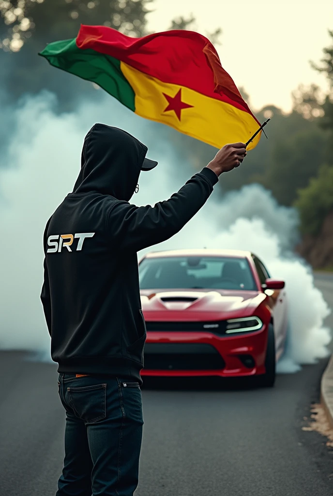 Je veux créer l'image d'un gars qui drift une Dodge charger srt . Le gars en question tient le drapeau du Sénégal.Le gars porte un pull à capuche noir. Il porte le capuchon du pull,son visage n'est pas bien visible et derrière son pull est inscrit le logo SRT. 