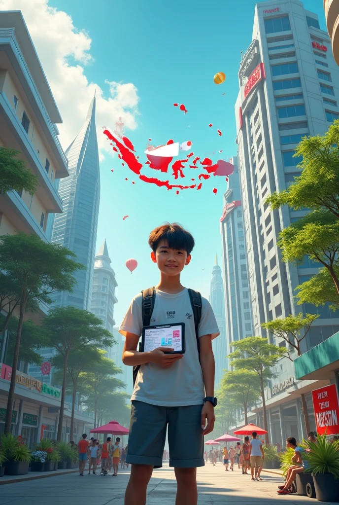 "A teenager standing in the middle of a futuristic and modern cityscape, with prominent landmarks or symbols representing Indonesia in 2045. The teenager is holding a tablet or gadget displaying data and development plans. Surrounding them are various technological innovations, green infrastructure, and an engaged community. The teenager’s expression reflects excitement and optimism for the future, embodying the hope and ambition for Indonesia's Golden Year 2045, with a visible map or flag of Indonesia in the background."