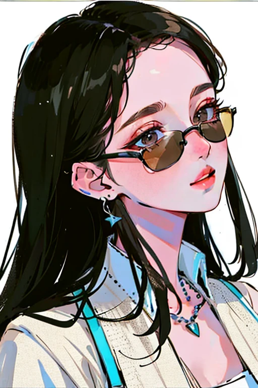 (Portraiture:1.4), (masterpiece:1.2, Highest quality:1.2), From above, Upper Body, One person, look up, Face Focus, Highly detailed face, Very fine grain, good looking, compensate, Put your finger on your lips, sunglasses, Fashion Wear, Earrings,