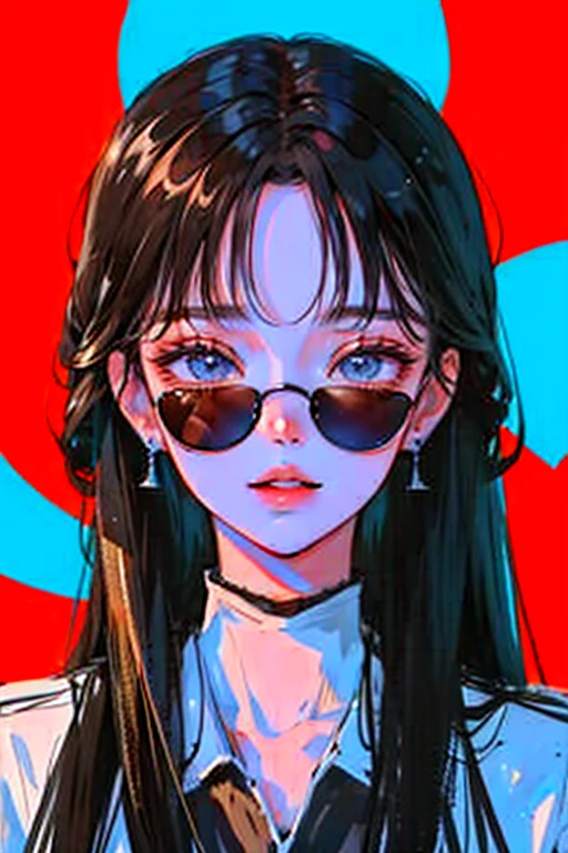 (Portraiture:1.4), (masterpiece:1.2, Highest quality:1.2), From above, Upper Body, One person, look up, Face Focus, Highly detailed face, Very fine grain, good looking, compensate, Put your finger on your lips, sunglasses, Fashion Wear, Earrings,