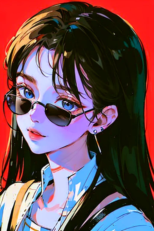 (Portraiture:1.4), (masterpiece:1.2, Highest quality:1.2), From above, Upper Body, One person, look up, Face Focus, Highly detailed face, Very fine grain, good looking, compensate, Put your finger on your lips, sunglasses, Fashion Wear, Earrings,
