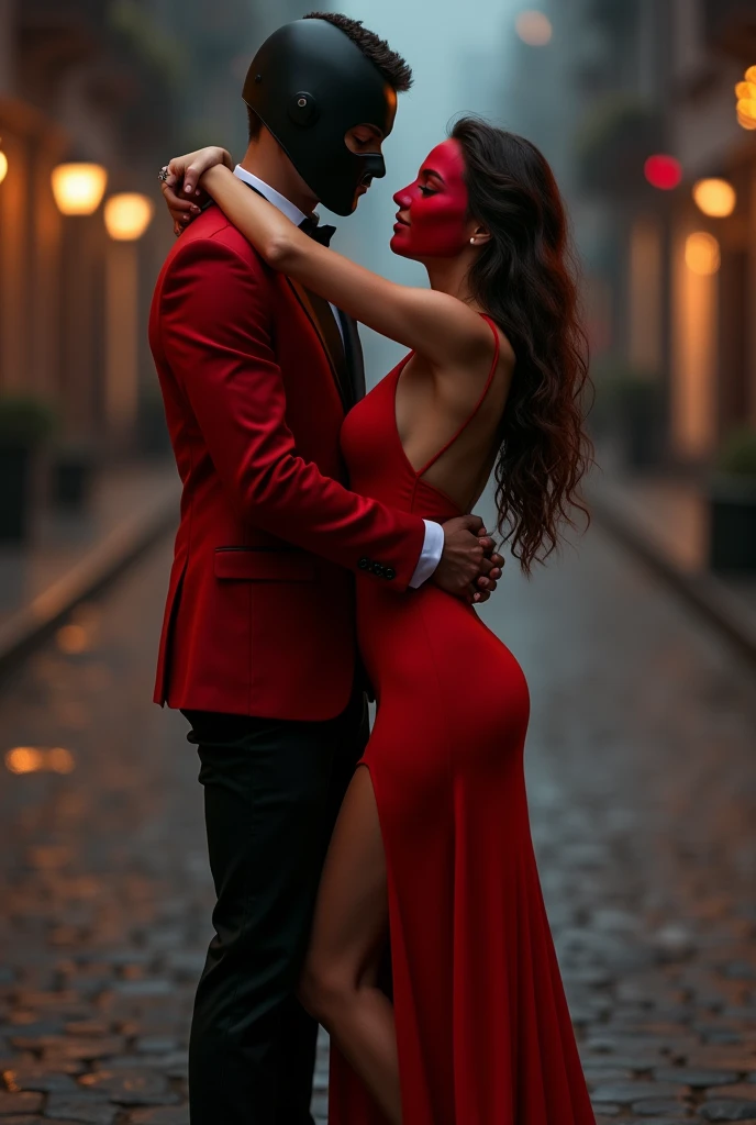 A couple hugging on the street at night, They both wear a mask on their face. The girl is wearing a sensual red dress with a large neckline on the right leg and the man is wearing an elegant red suit.. They both look at each other with lust and passion as they hug and smile..