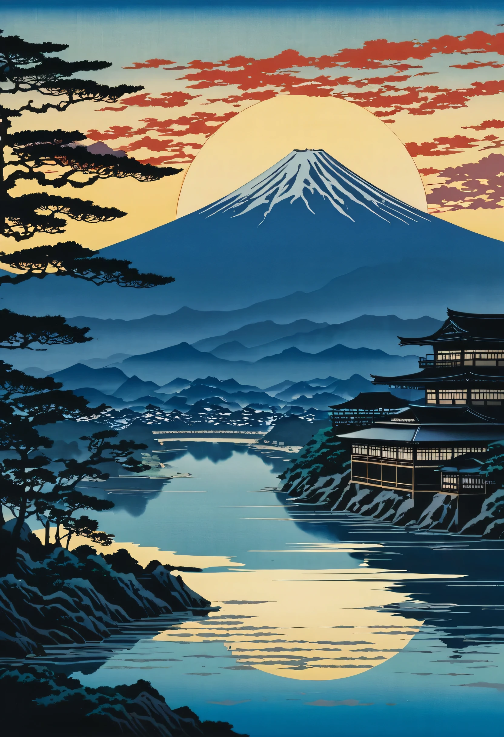 This artwork captures the serene beauty of Japan's Sengoku era, where the silhouettes of mountains and ancient castles are bathed in the light of the rising sun. The scene evokes the grandeur of a bygone era, bringing the timeless elegance of old Japan to life. As a new day begins, witness the breathtaking beauty that transcends time.