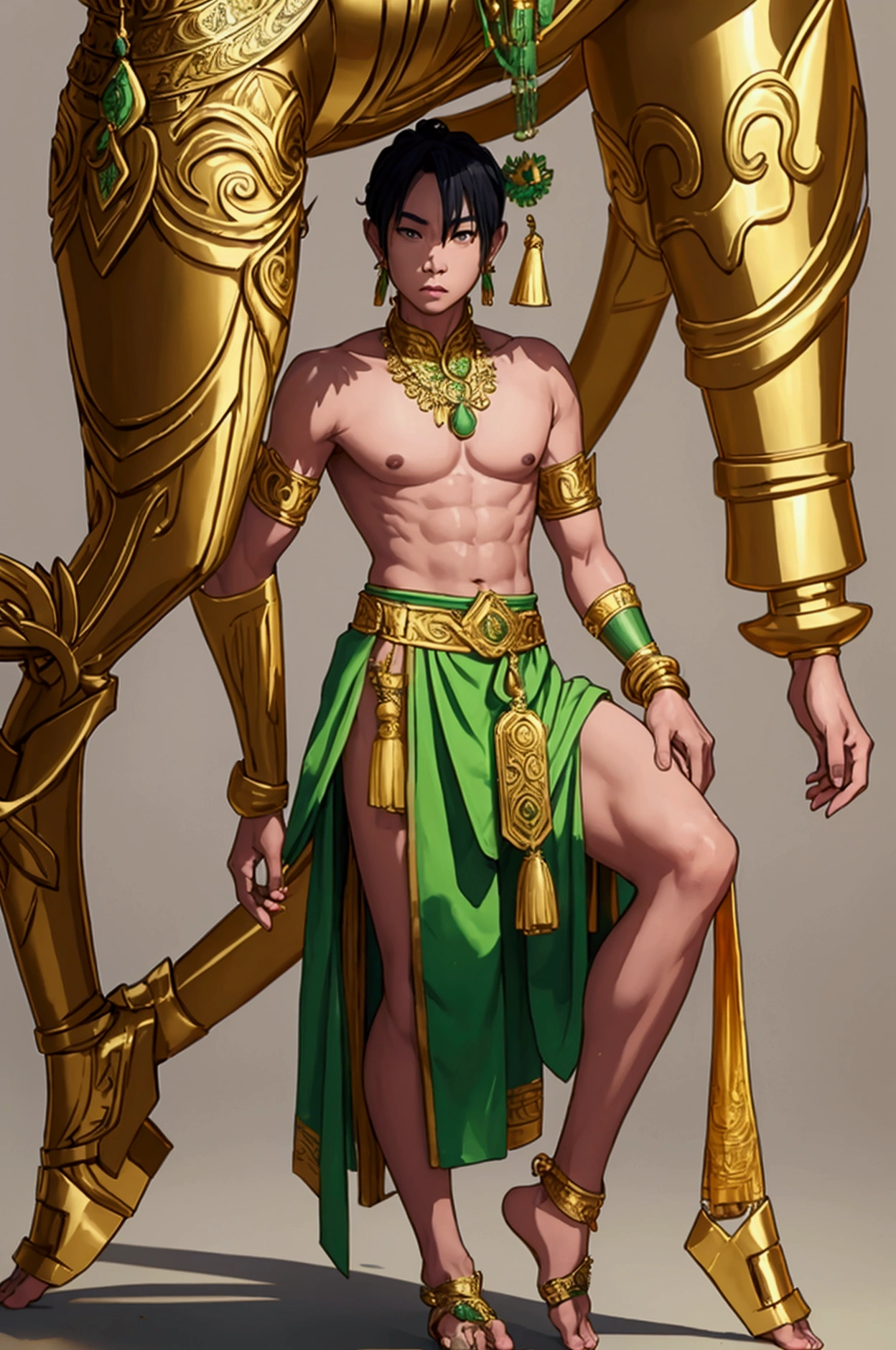 man,Not wearing a shirt,Light green,Golden Thai jewelry,high,Wearing ancient Thai shoes,stand