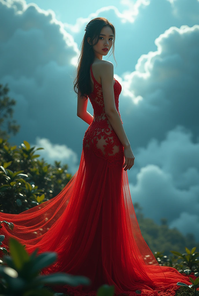 nsfw, Masterpiece, (((full figure supermodel visible full body shot))), (((magical lighting action shot))) (((beautiful fit pale smiling goddess Myanmar actress (((Ei Chaw Po))) Myanmar woman standing on leaves surrounded by clouds in heaven vast fantasy landscape))), (((red lace mesh exotic intricate heavenly dress side  hanging out, porny, looking into the camera))) , ((( brunette hair, accurate hands accurate eyes))) moody lighting, blue hour, blue colors, very detailed, dramatic lighting, digital art trending on Artstation 8k HD high definition detailed realistic, detailed, skin texture, hyper detailed, realistic skin texture, armature, best quality, ultra high res, (photorealistic:1.4), high resolution, detailed, raw photo, sharp re, nikon d850 film stock photograph 4 kodak portra 400 camera f1.6 lens rich colors hyper realistic lifelike texture dramatic lighting unrealengine trending on artstation cinestill 800, (((accurate female anatomy, perfect eyes))) (((500px, fstoppers, photosight.ru, iso noise)))