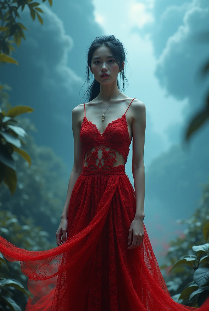 nsfw, Masterpiece, (((full figure supermodel visible full body shot))), (((magical lighting action shot))) (((beautiful fit pale smiling goddess Myanmar actress (((Ei Chaw Po))) Myanmar woman standing on leaves surrounded by clouds in heaven vast fantasy landscape))), (((red lace mesh exotic intricate heavenly dress side hanging out, porny, looking into the camera))) , ((( brunette hair, accurate hands accurate eyes))) moody lighting, blue hour, blue colors, very detailed, dramatic lighting, digital art trending on Artstation 8k HD high definition detailed realistic, detailed, skin texture, hyper detailed, realistic skin texture, armature, best quality, ultra high res, (photorealistic:1.4), high resolution, detailed, raw photo, sharp re, nikon d850 film stock photograph 4 kodak portra 400 camera f1.6 lens rich colors hyper realistic lifelike texture dramatic lighting unrealengine trending on artstation cinestill 800, (((accurate female anatomy, perfect eyes))) (((500px, fstoppers, photosight.ru, iso noise)))