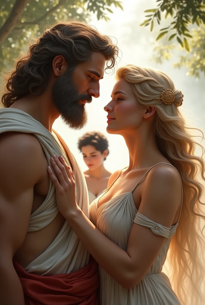 Zeus with a face is with Aphrodite with loose blond hair in a white dress talking and behind them two appears another woman Sappho of Lesbos with dark and short hair, all with a face of desire