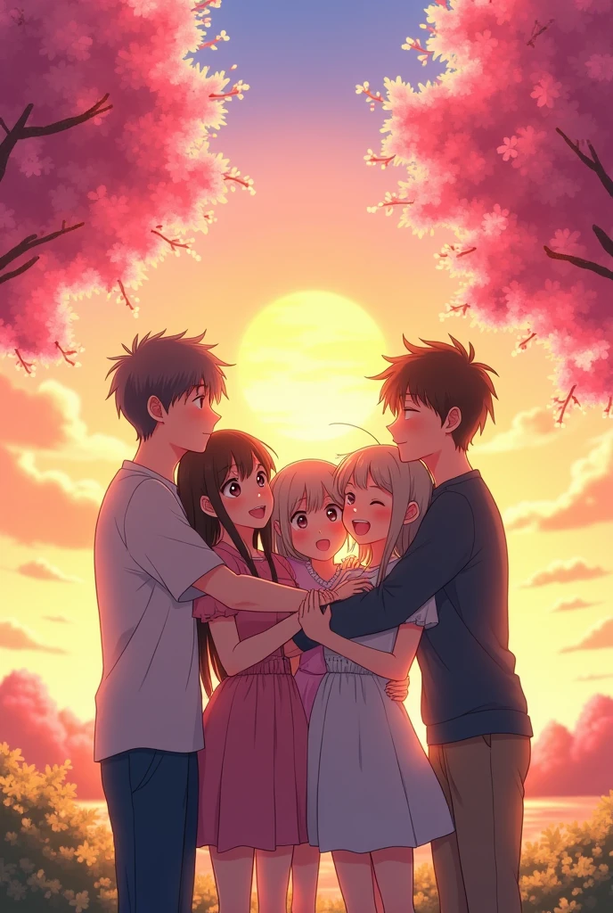 You can make 5 people, 2 girls and 3 boys hugging and smiling next to a sunset and pink trees Anime version