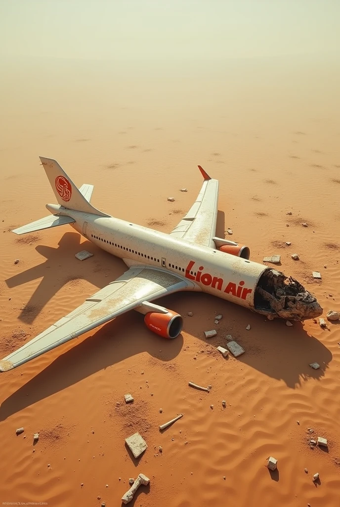 Passenger plane wreck livery "Lion Air' stranded in the middle of a vast and seemingly endless desert, The condition of the aircraft body was badly damaged and the left wing of the aircraft was split and the debris of the aircraft was dirty with sand.