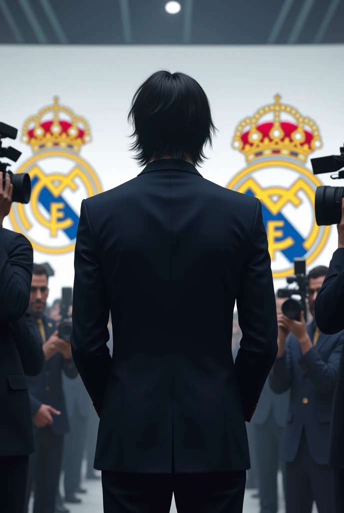 create a soccer player with medium black hair, ,white skin color. The player will be wearing a black suit at a press conference being introduced at Real Madrid