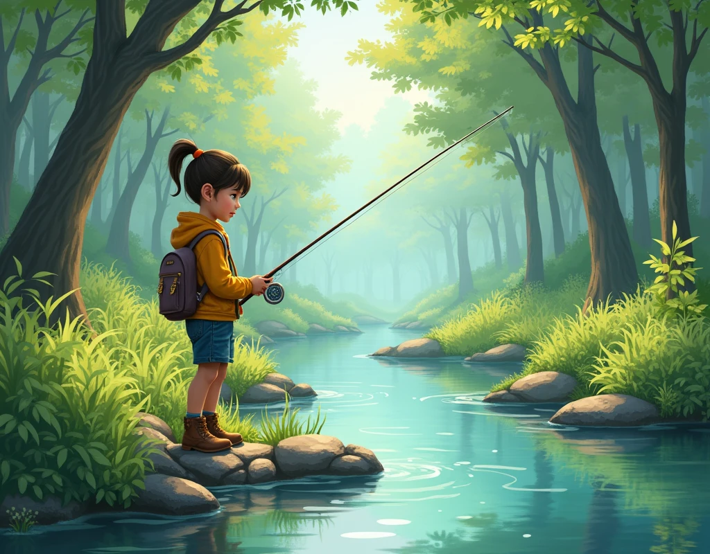 A girl holding a fishing rod, along the banks of a spring creek