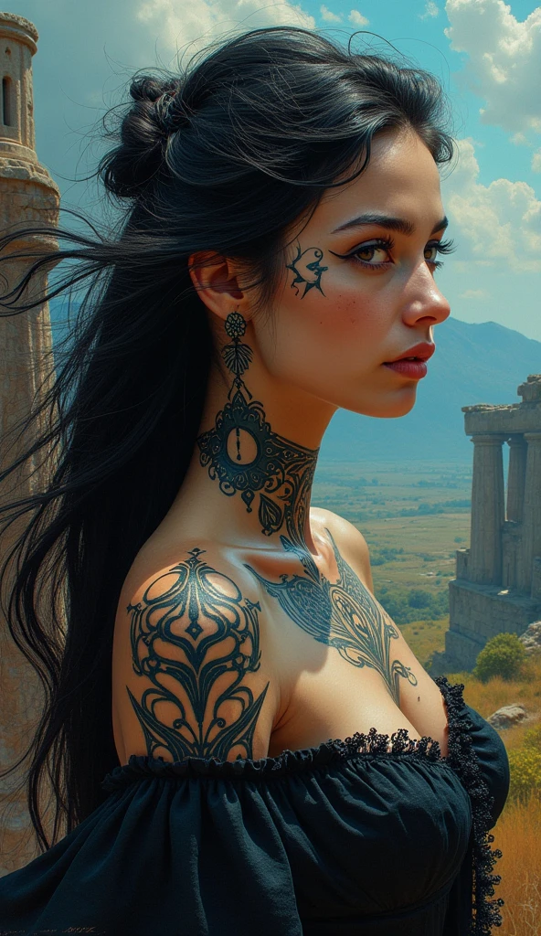 neck Tattoo, upbody, backview, from above, detailed background, by Peter Mohrbacher and Brandon Woelfel, best quality, masterpiece, very aesthetic, perfect composition, intricate details, ultra-detailed