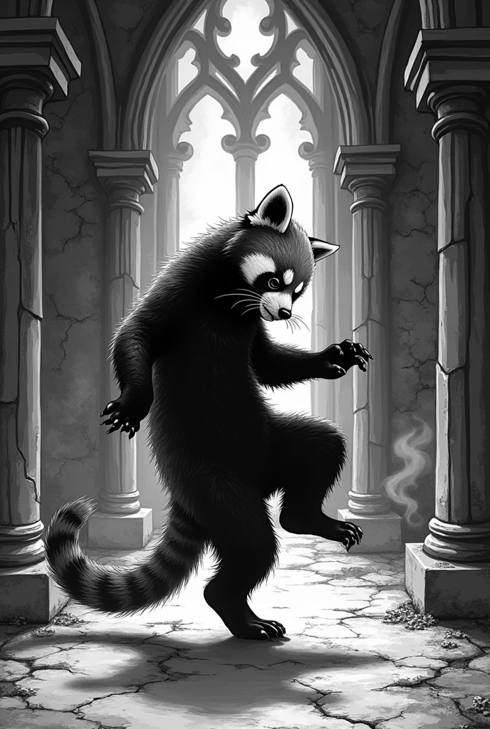 A black and white illustration in gothic style of a red panda break dancing