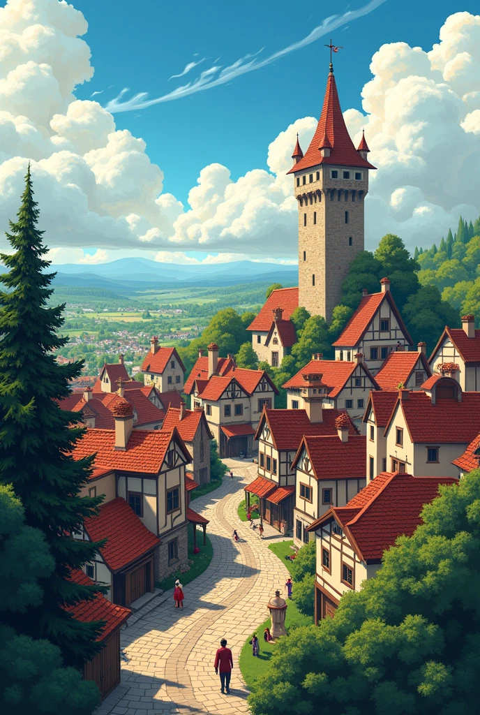 ((masterpiece)),((Highest quality)),((Attention to detail)),((Realistic,)) ((Super detailed)) Medieval small town landscape, Cartoonist&#39;s illustration, aerial photograph, Beautiful sky, Deformed clouds, 1.3:pine tree, tower.