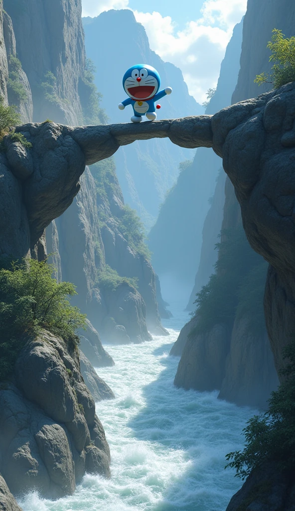Doraemon is jumping over large slippery rocks to cross a deep canyon.. At his feet is a rushing river., create a sense of danger. On Hoang's face was a look of intense concentration..