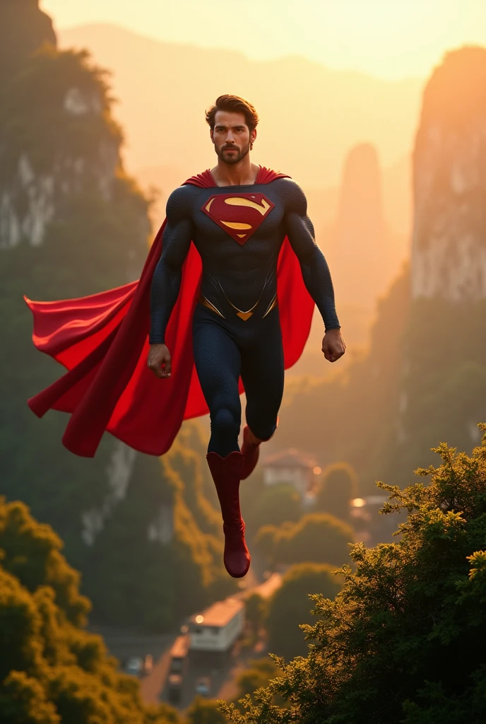 Hrithik Roshan is superman, superman cape, stunning scenery, surreal lighting, extremely extravagant lighting, beautiful scenery, afternoon, natural, sunset, sun shining hidden
