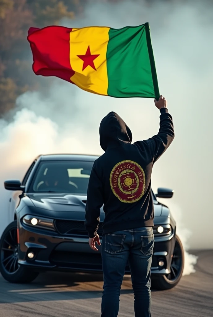Je veux créer l'image d'un gars qui drift une Dodge charger srt . Le gars en question tient le drapeau du Sénégal vert, jaune, rouge avec l'étoile noire au milieu .Le gars porte un pull à capuche noir. Il porte le capuchon du pull,son visage n'est pas bien visible et derrière son pull est inscrit le logo SRT.