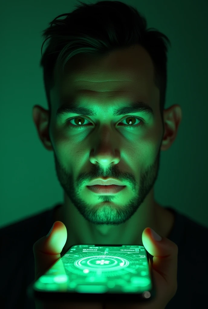 (photorealism: 9:16), a man in front of the cell phone, the cell phone scans your face, The cell phone gives off a green light