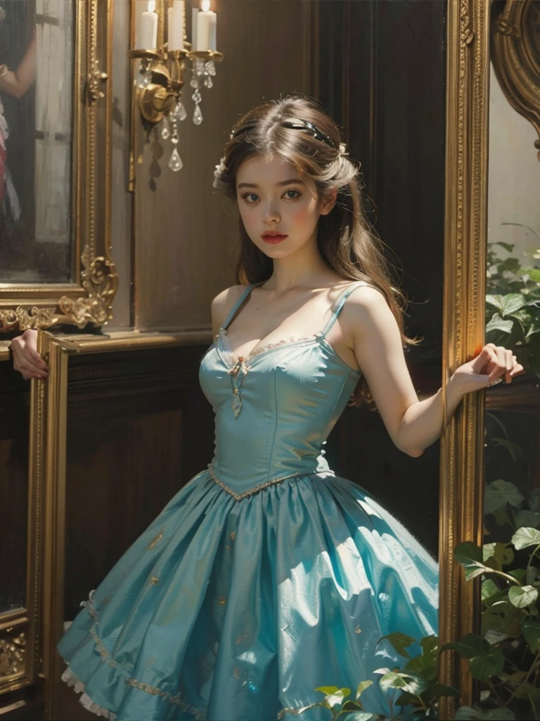 oil painting, Alice in wonderland beautiful busty microdress