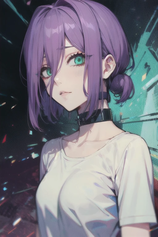 (Highest quality)、(Highest quality)、Reze、Chainsaw Man、cute、(choker).eyes are emerald、Her hair is purple、Short Bob、