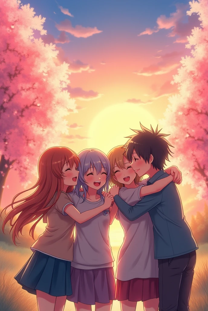 You can make 5 people, 2 girls and 3 boys hugging each other separately and smiling next to a sunset and pink trees Anime version