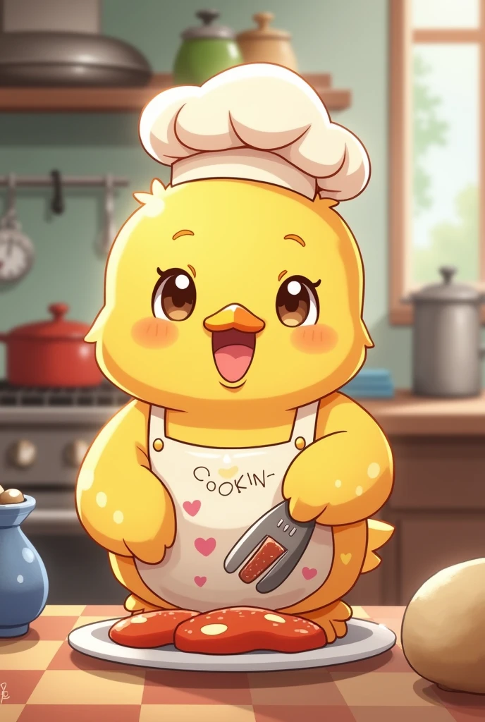 Generates an image of a cooking chick anime version
